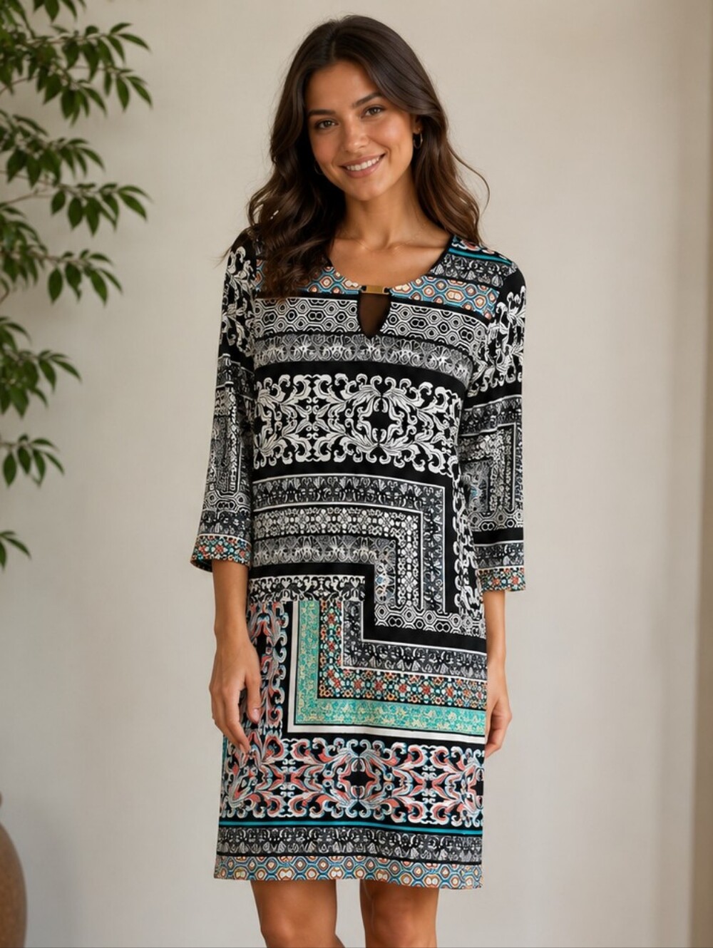Tiana B. Dress Multicolor Geometric Print  Keyhole Neck Shift Sz M Artsy